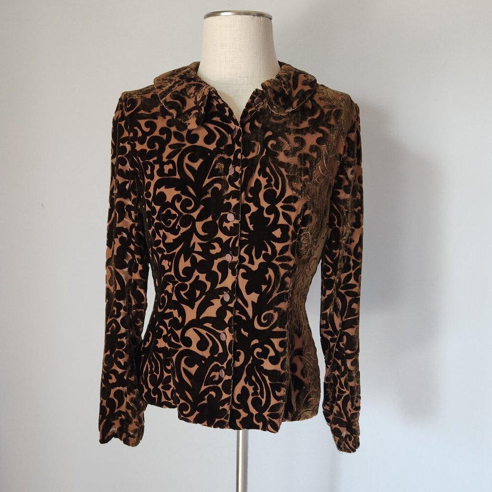 Wah Maker True West Burnout Velvet Shirt Button Long Sleeve Silk Blend Brown